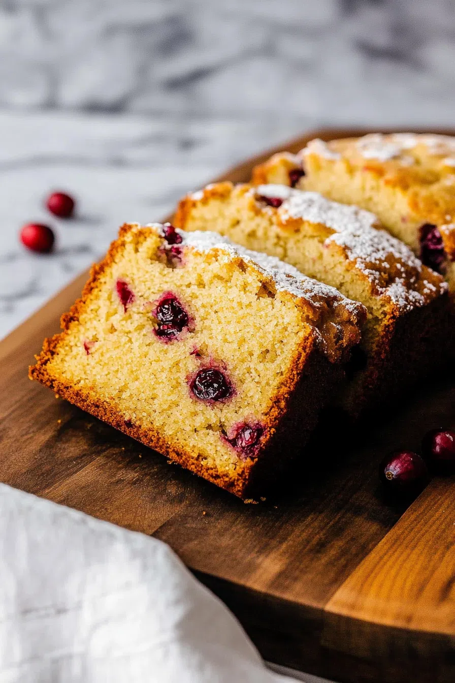 Cream Cheese Cranberry Loaf sliced and arranged on a serving platter.