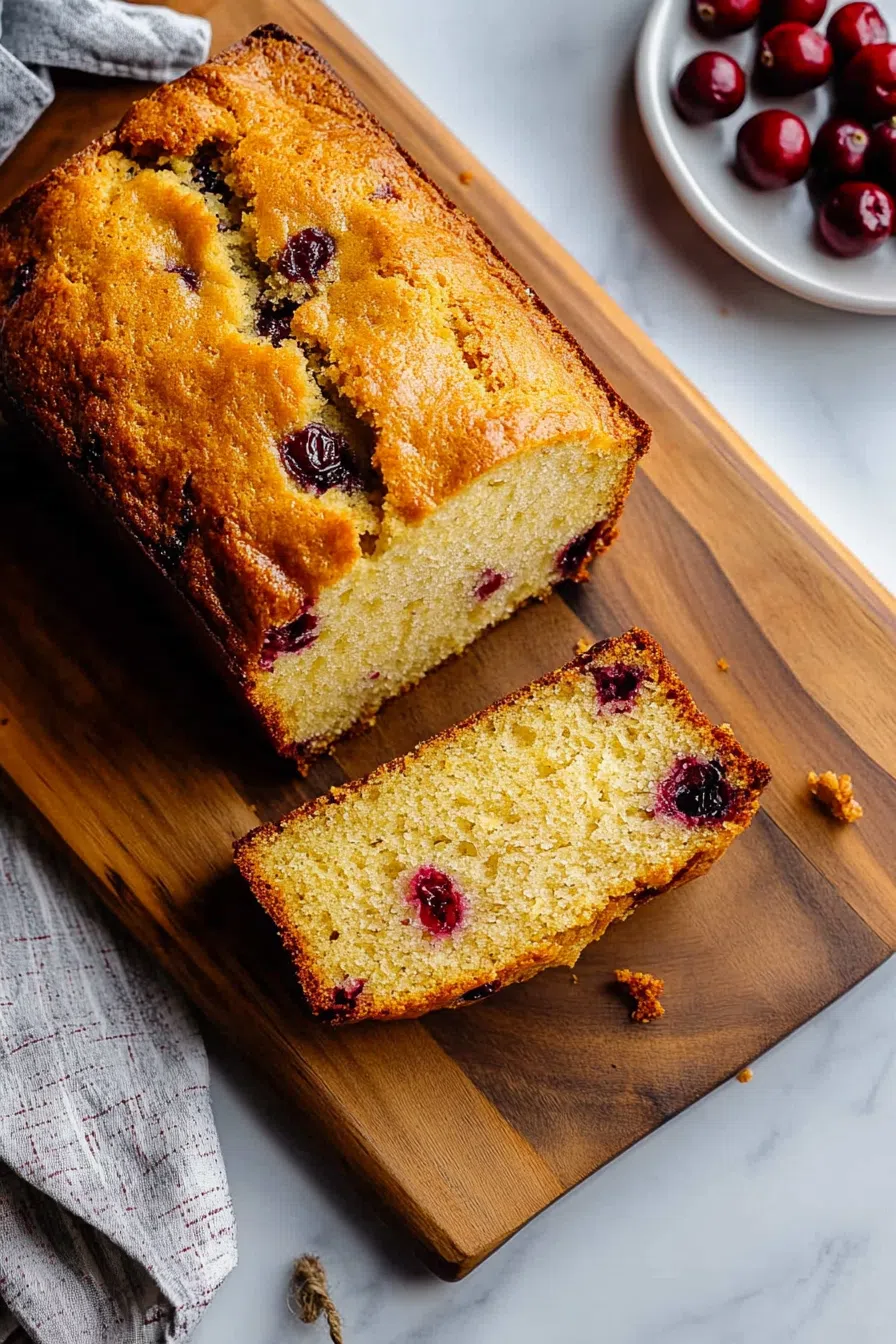 Moist sweet bread sliced on a wooden board with visible swirls and fruit pieces.