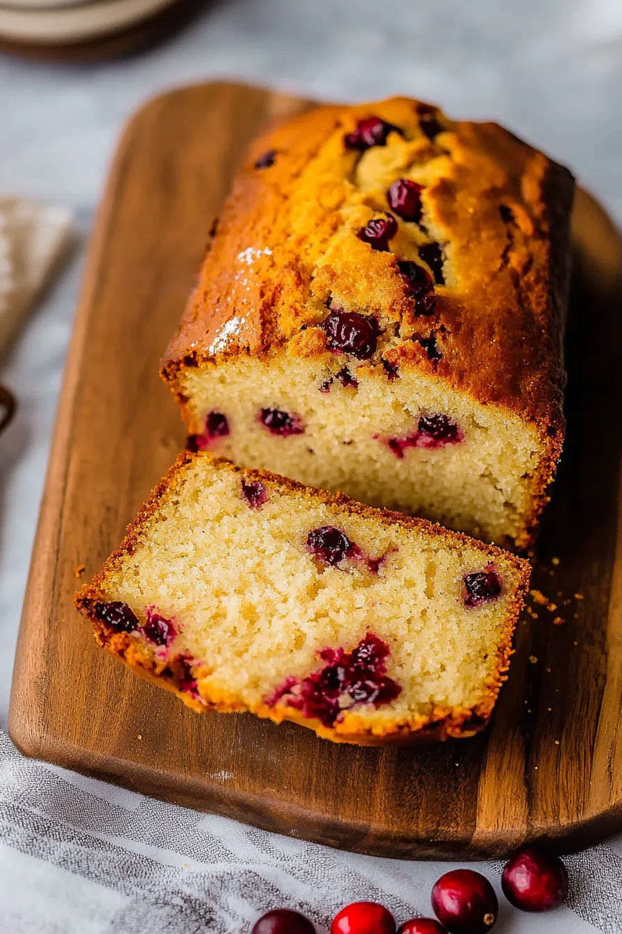 Golden loaf with a soft crumb, studded with red berries and lightly dusted with powdered sugar.