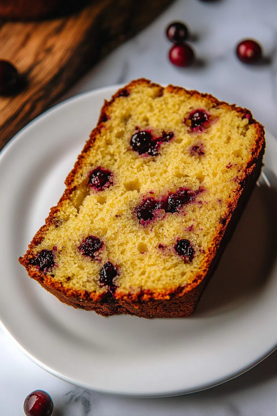 Close-up of a thick slice showing creamy filling and bursts of cranberry throughout.