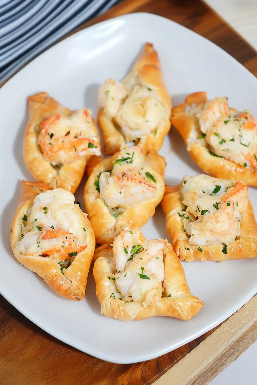 Golden-brown appetizers arranged neatly on a white platter.