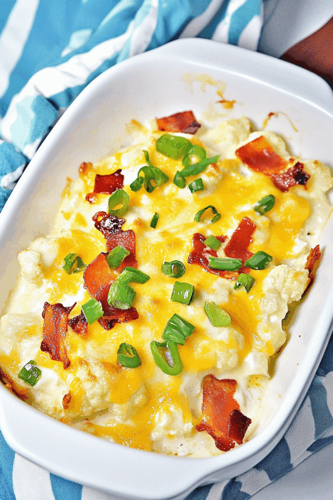 Cheesy baked casserole with golden edges, bacon crumbles, and green onions.