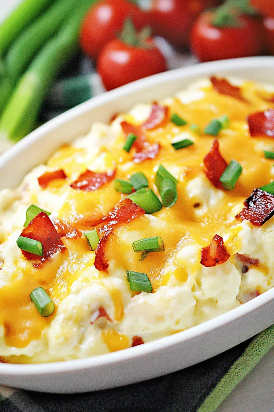 Golden-baked casserole topped with melted cheese, bacon bits, and fresh herbs.