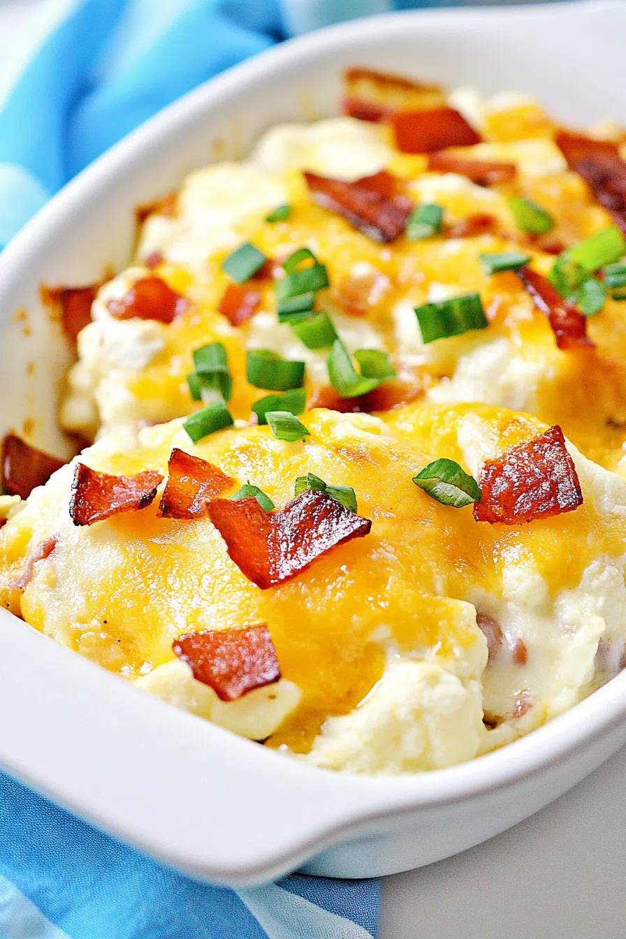 Close-up of a creamy vegetable bake with bubbly cheese and crispy edges.