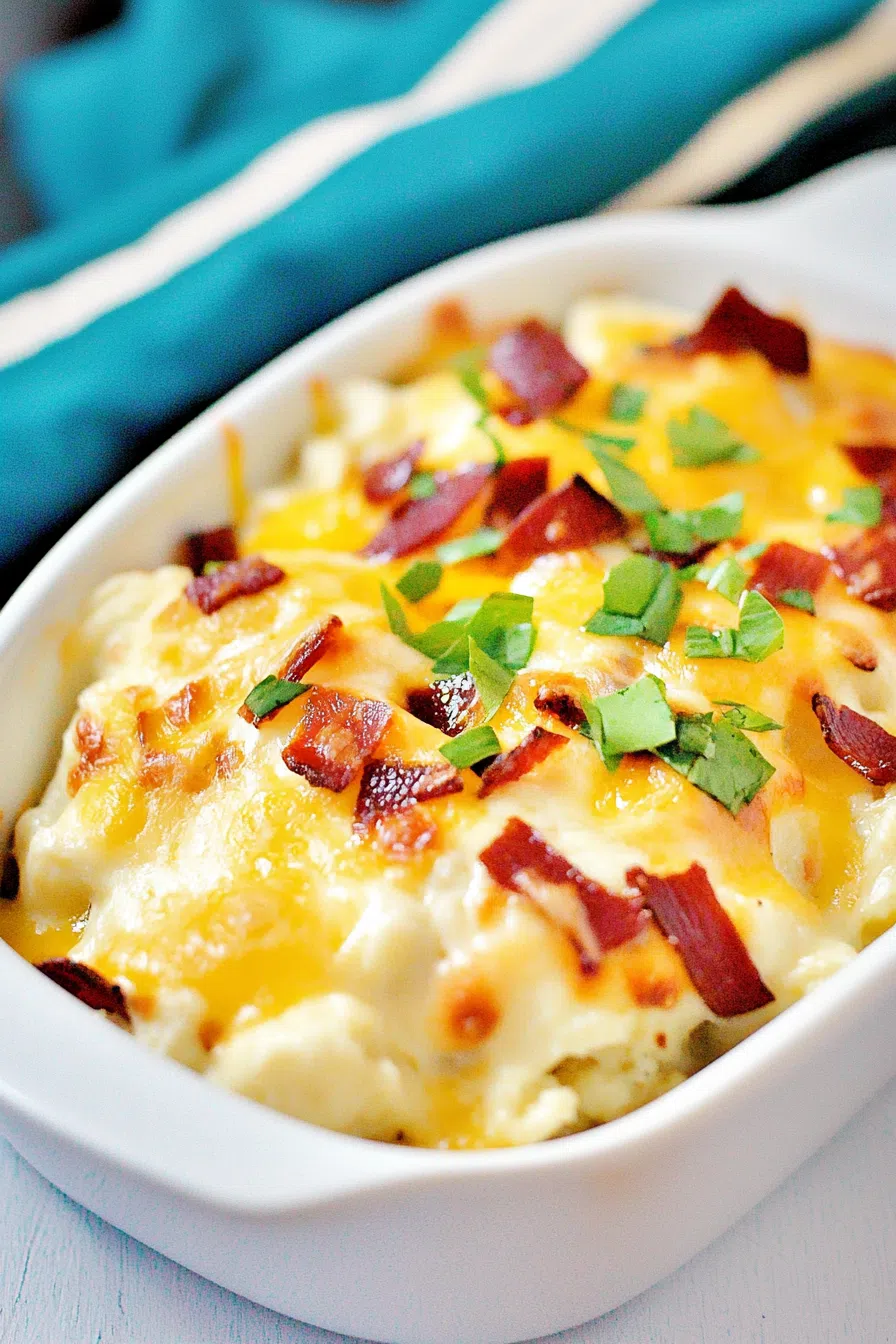 Creamy loaded cauliflower bake styled in a ceramic dish with crispy toppings.