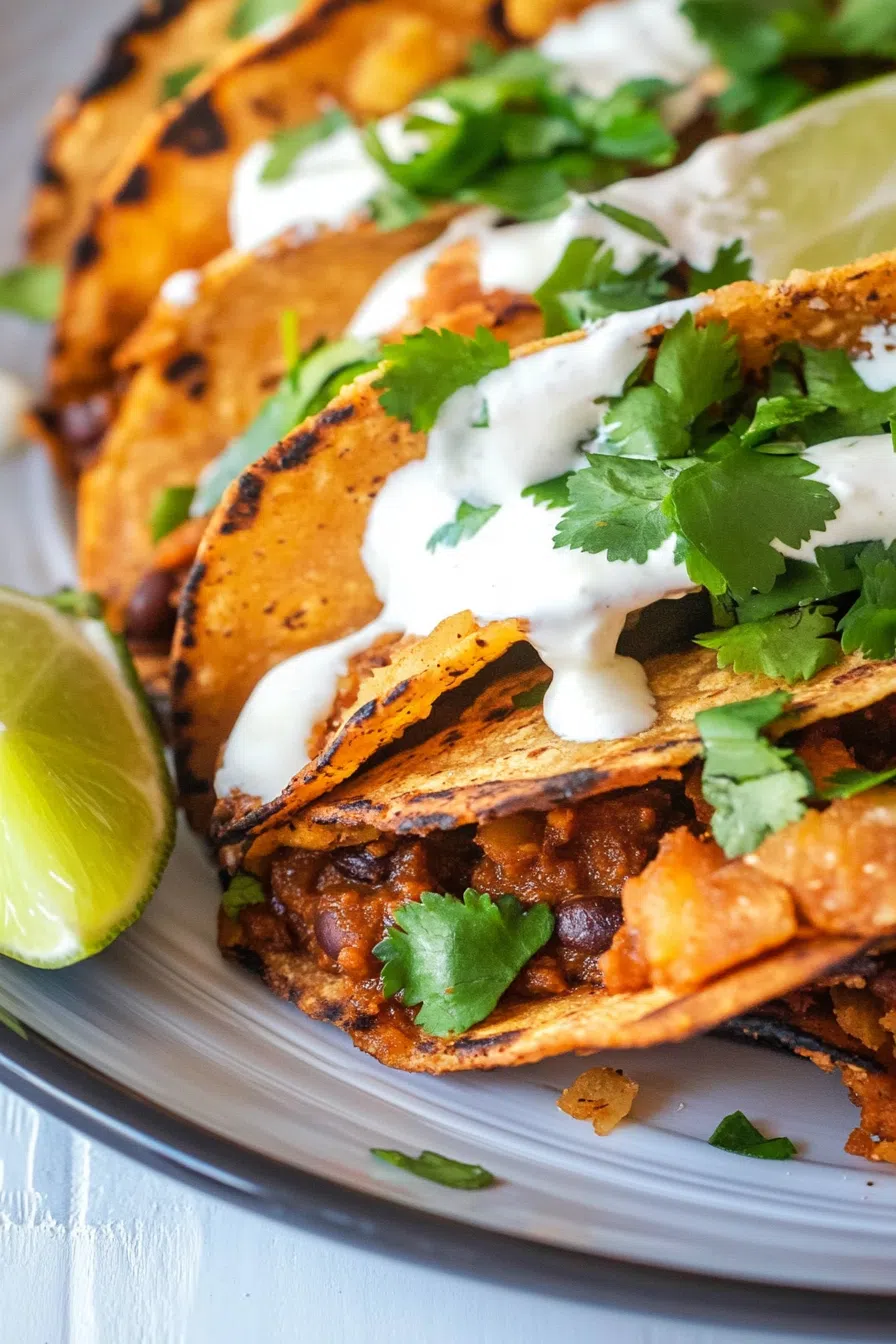 Close-up of crispy shells revealing a hearty filling.