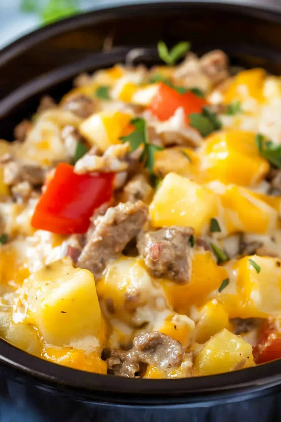 Close-up of crispy potato edges topped with gooey cheese and browned bits.