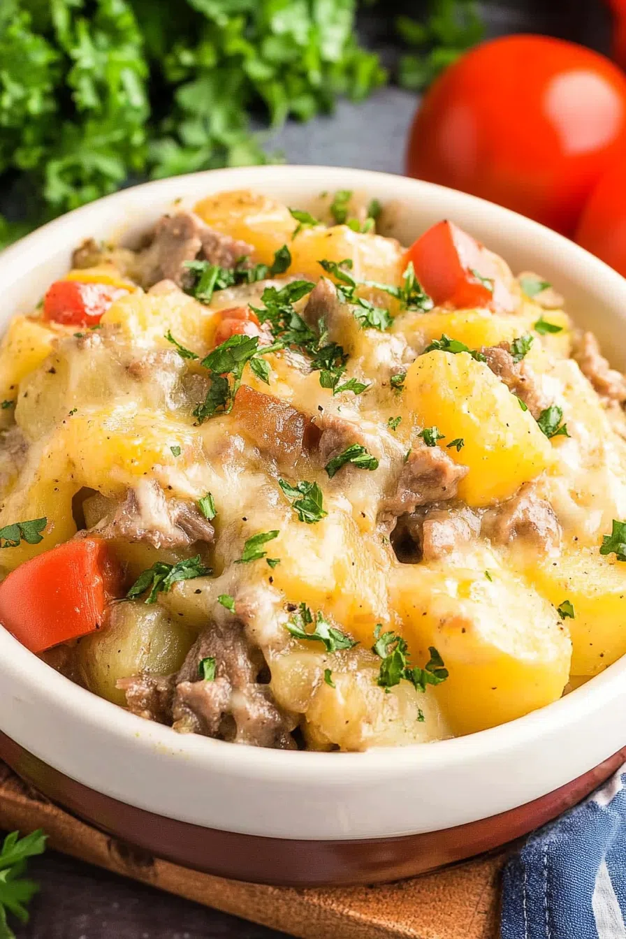 Bubbly, golden-brown casserole served in a white baking dish, fresh from the slow cooker.