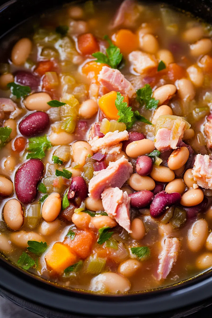 Crockpot navy bean and ham soup served hot, showing a mix of beans and ham in broth.