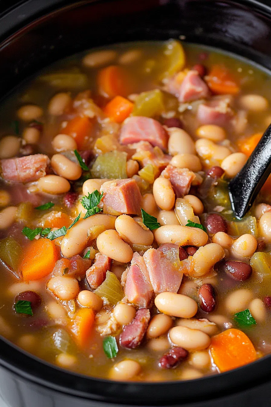 Slow-cooked soup with a mix of soft beans and tender meat, garnished with parsley.
