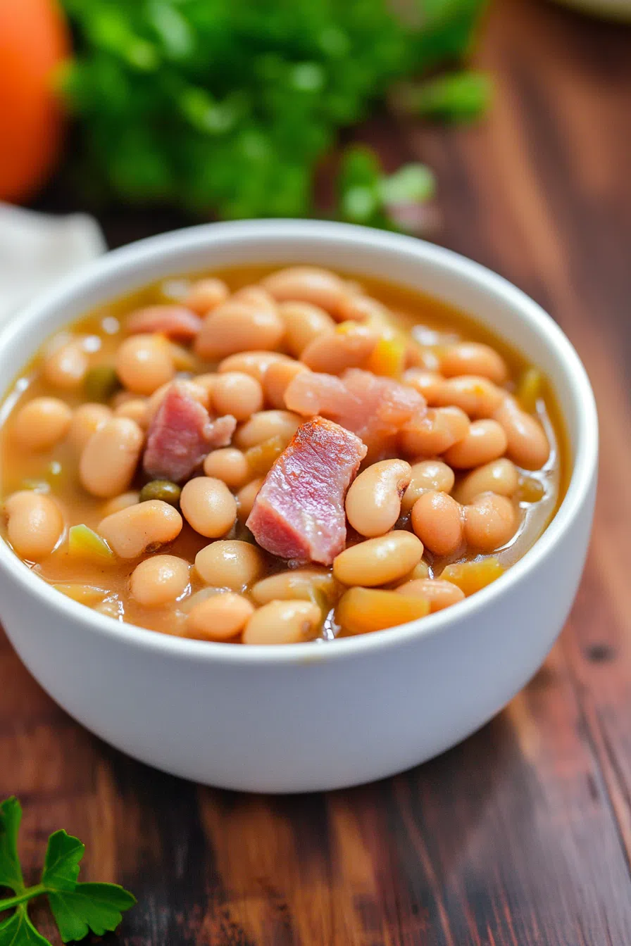Hearty bowl of soup with white beans, carrots, and chunks of meat in a light broth.