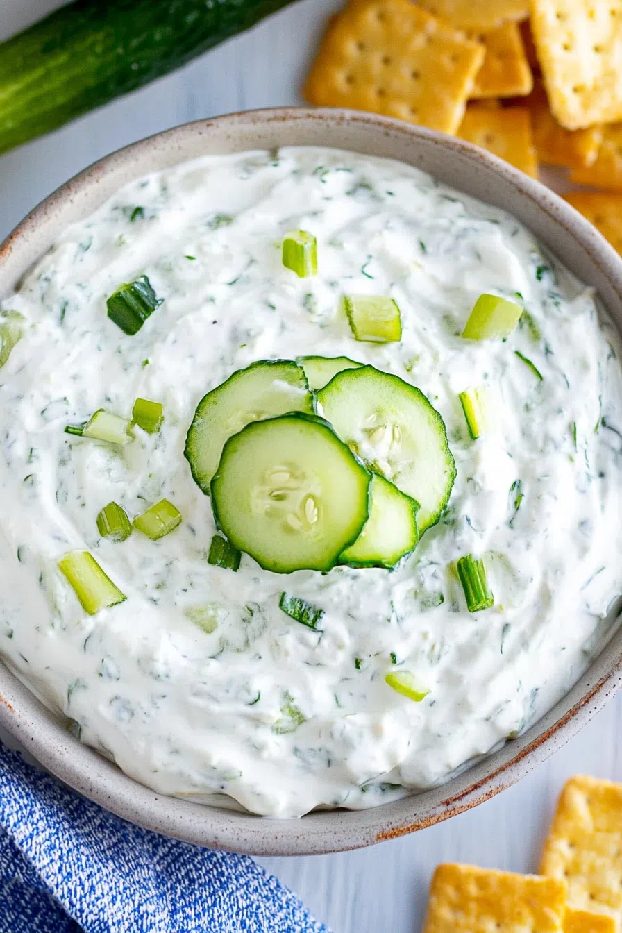 Cucumber cream cheese crack dip served in a ceramic bowl alongside crunchy dippers.