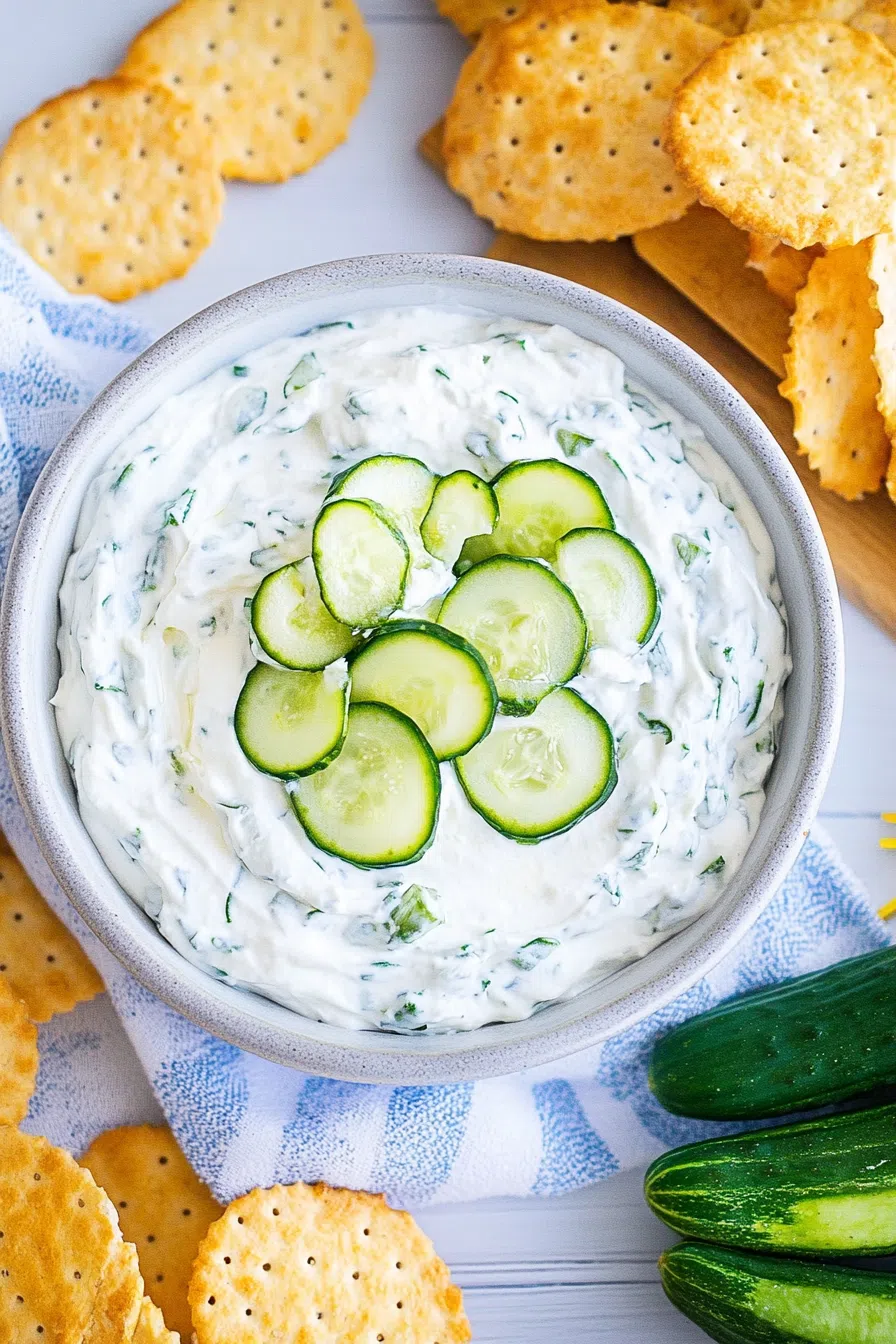 Fresh veggie and cracker platter centered around a bowl of herbed cream dip.