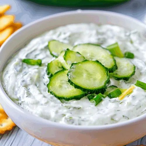 Close-up of a thick, spreadable dip with visible cucumber pieces and dill.