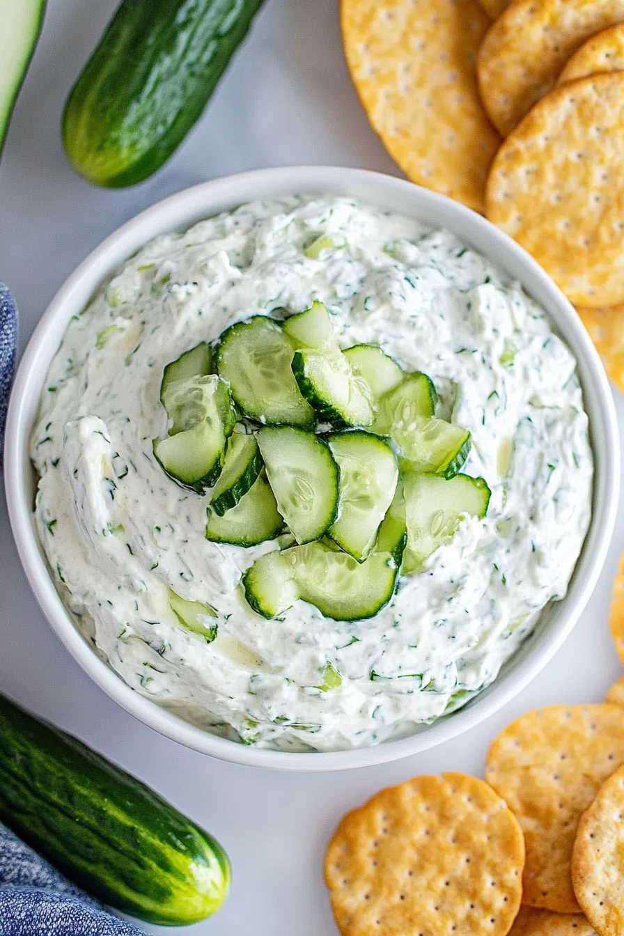 Smooth, white dip in a small bowl with diced cucumber and seasoning on top.