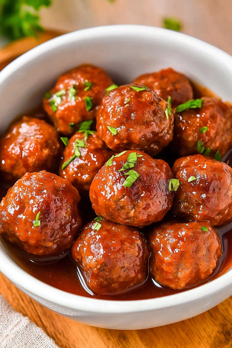 Slow-cooked dish with tender meatballs simmering in a rich red sauce.