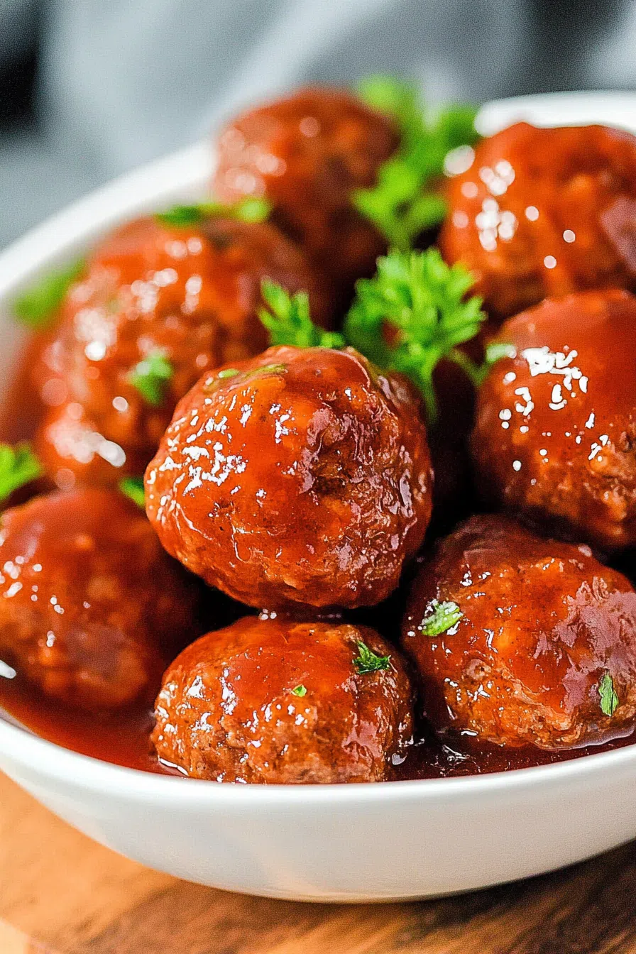 Close-up of bite-sized meatballs stacked and glistening with savory glaze.
