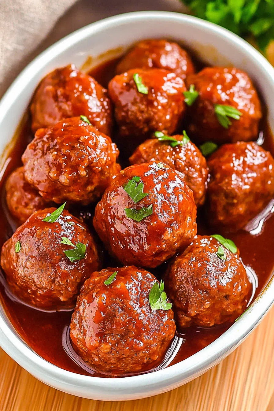 Serving bowl filled with glazed meatballs coated in a thick, glossy sauce.