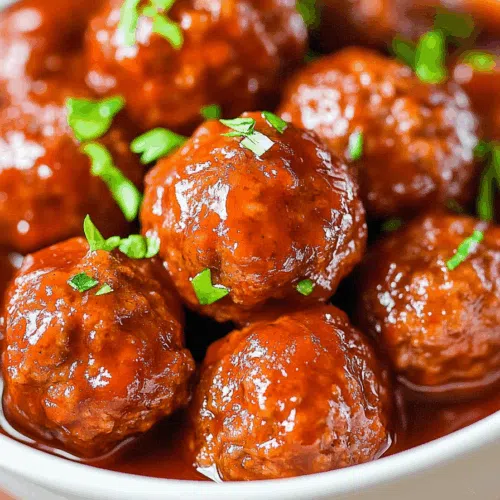Serving bowl filled with glazed meatballs coated in a thick, glossy sauce.