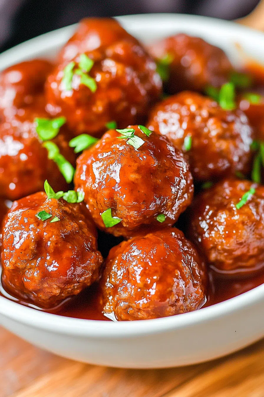 Serving bowl filled with glazed meatballs coated in a thick, glossy sauce.