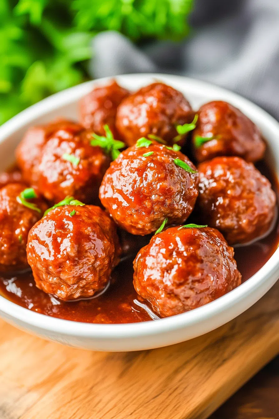 Easy crockpot meatballs served in a dish, garnished with chopped parsley.