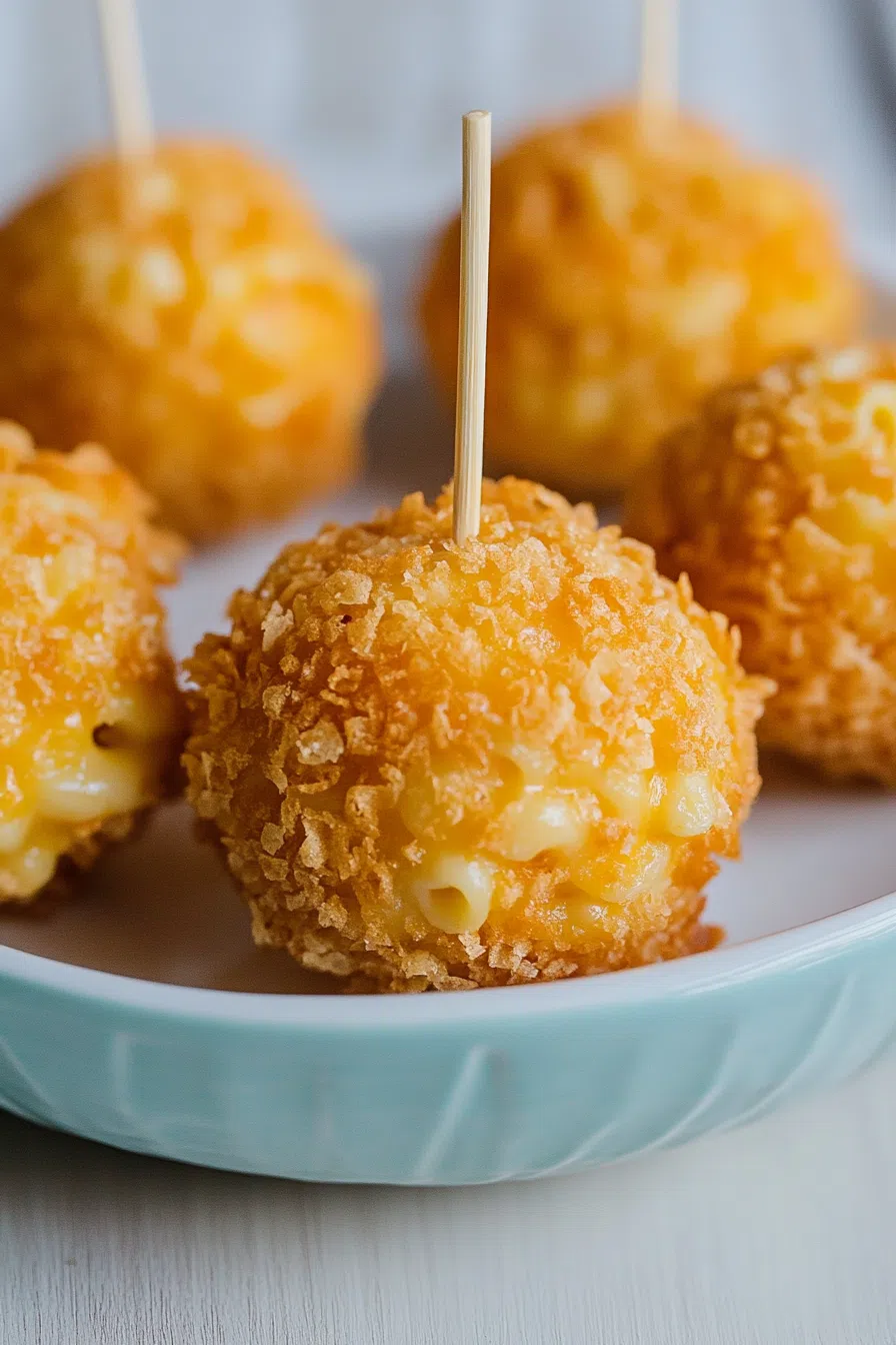 Close-up of fried snack balls with a crunchy coating and creamy center visible.