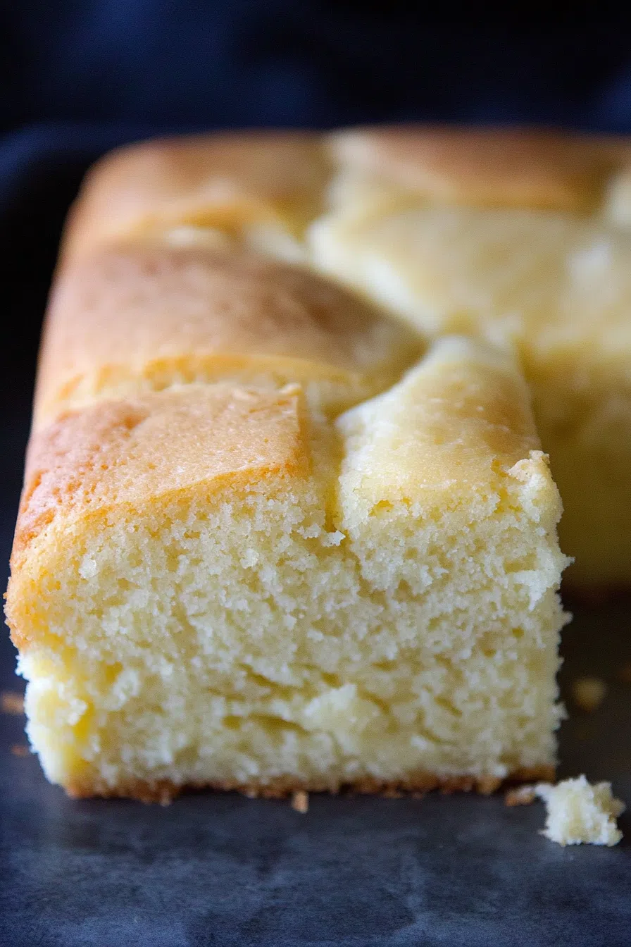 Close-up of a moist, buttery slice on a dessert plate.