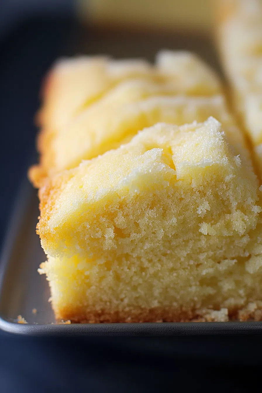 Golden, moist cake dusted with powdered sugar on a ceramic plate.