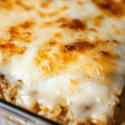 A rustic baking dish filled with creamy pasta and browned cheese, ready to serve.