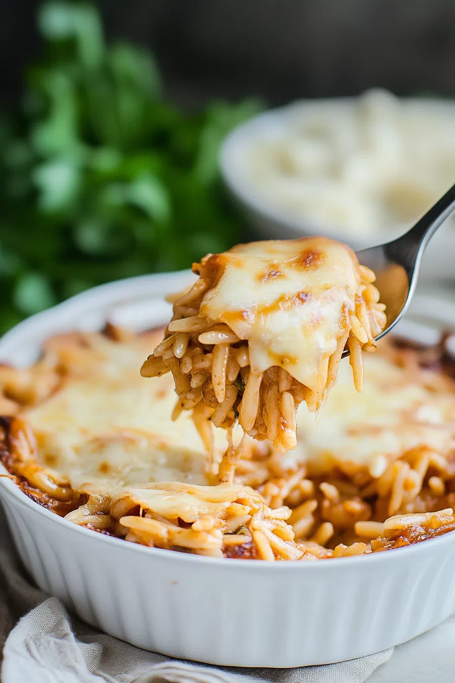 Close-up of a spoonful of creamy orzo with caramelized onions and melted cheese.
