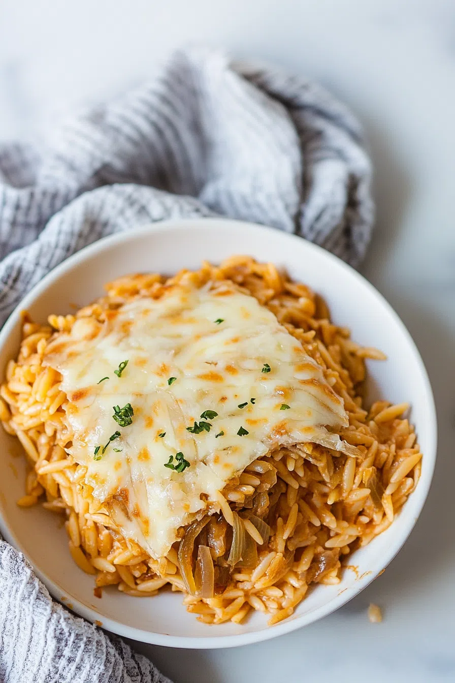 Top-down view of the baked pasta garnished with herbs and toasted crumbs.
