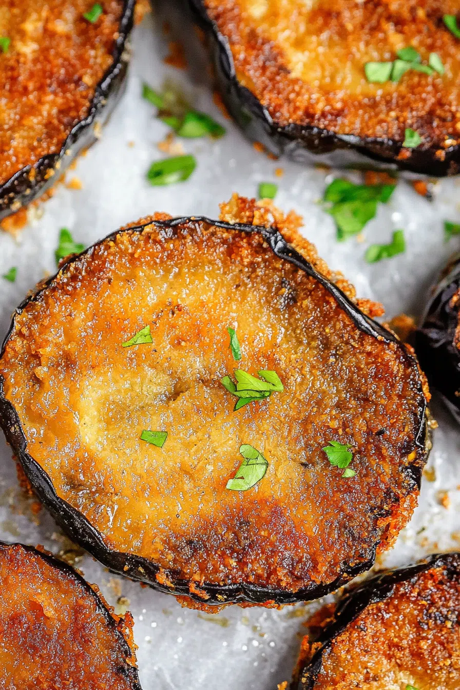 Golden-brown vegetable slices arranged on a serving plate with a sprinkle of herbs.