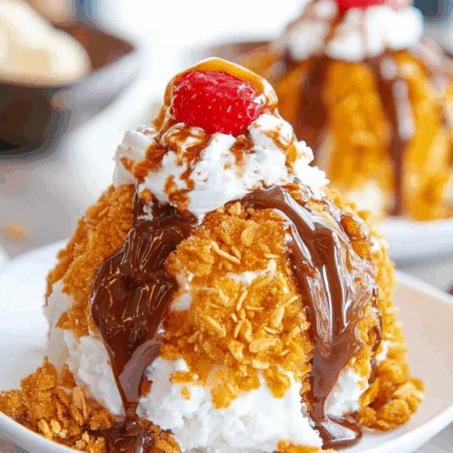 Golden, crunchy shell revealing a creamy center, served on a dessert plate.