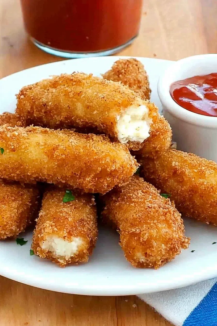 Crispy, golden appetizers stacked on a plate with marinara sauce for dipping