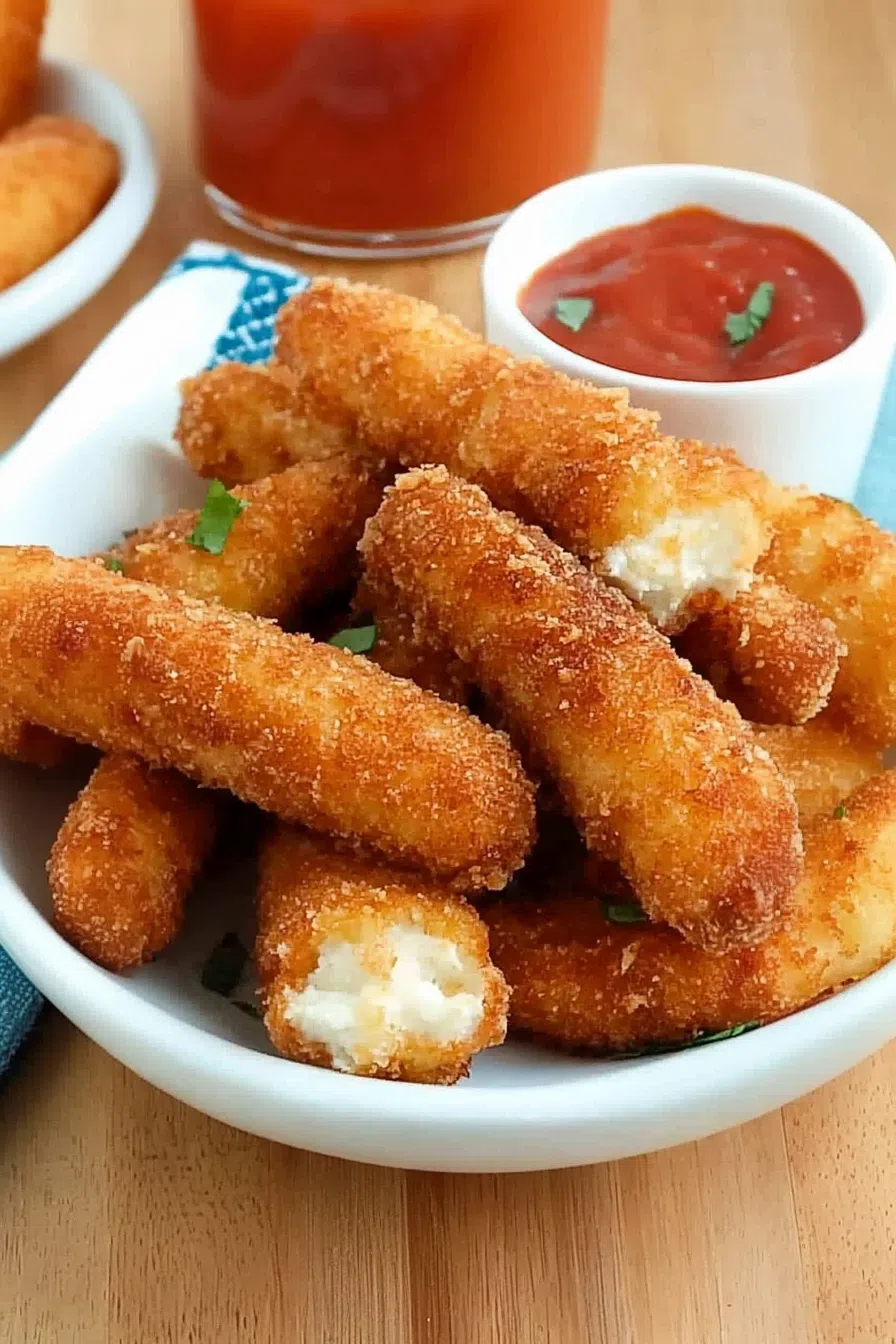 Overhead view of crunchy finger foods arranged with a side of dipping sauce