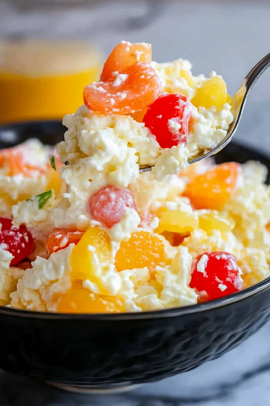 Spoonful of creamy pasta salad showing small round noodles and fruit pieces