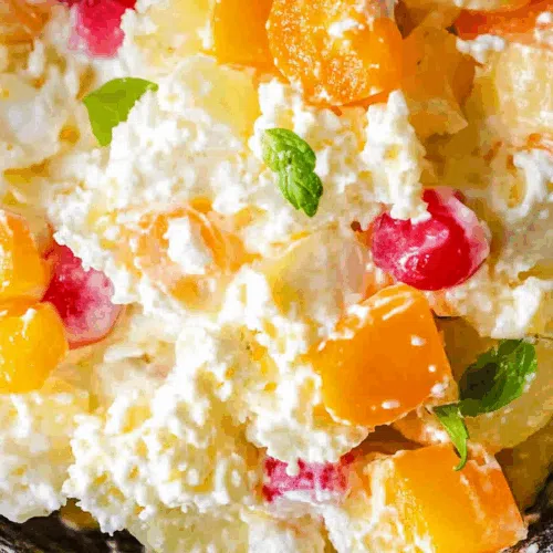 Close-up of a chilled dessert-style salad with bits of pineapple and marshmallows