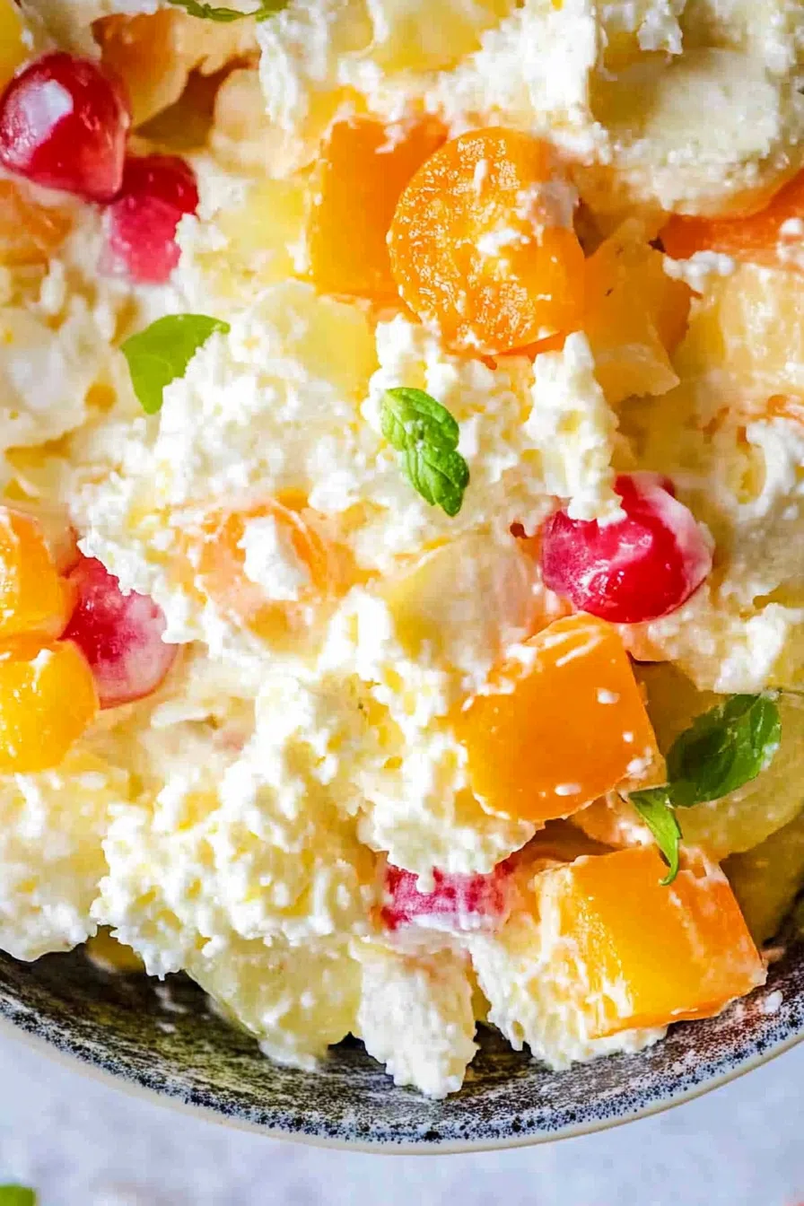Close-up of a chilled dessert-style salad with bits of pineapple and marshmallows