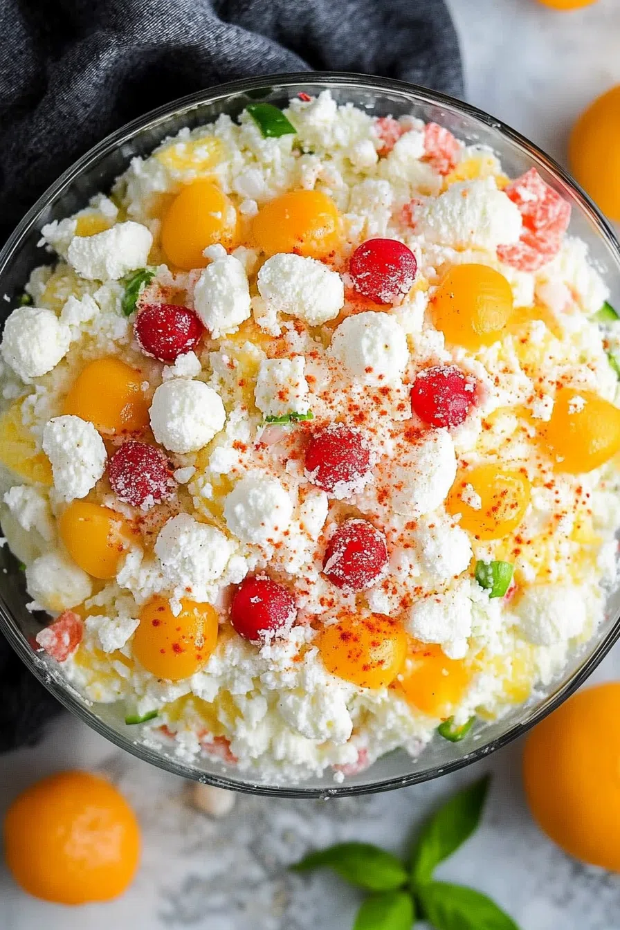Overhead view of a sweet, fluffy mixture garnished with whipped topping and fruit