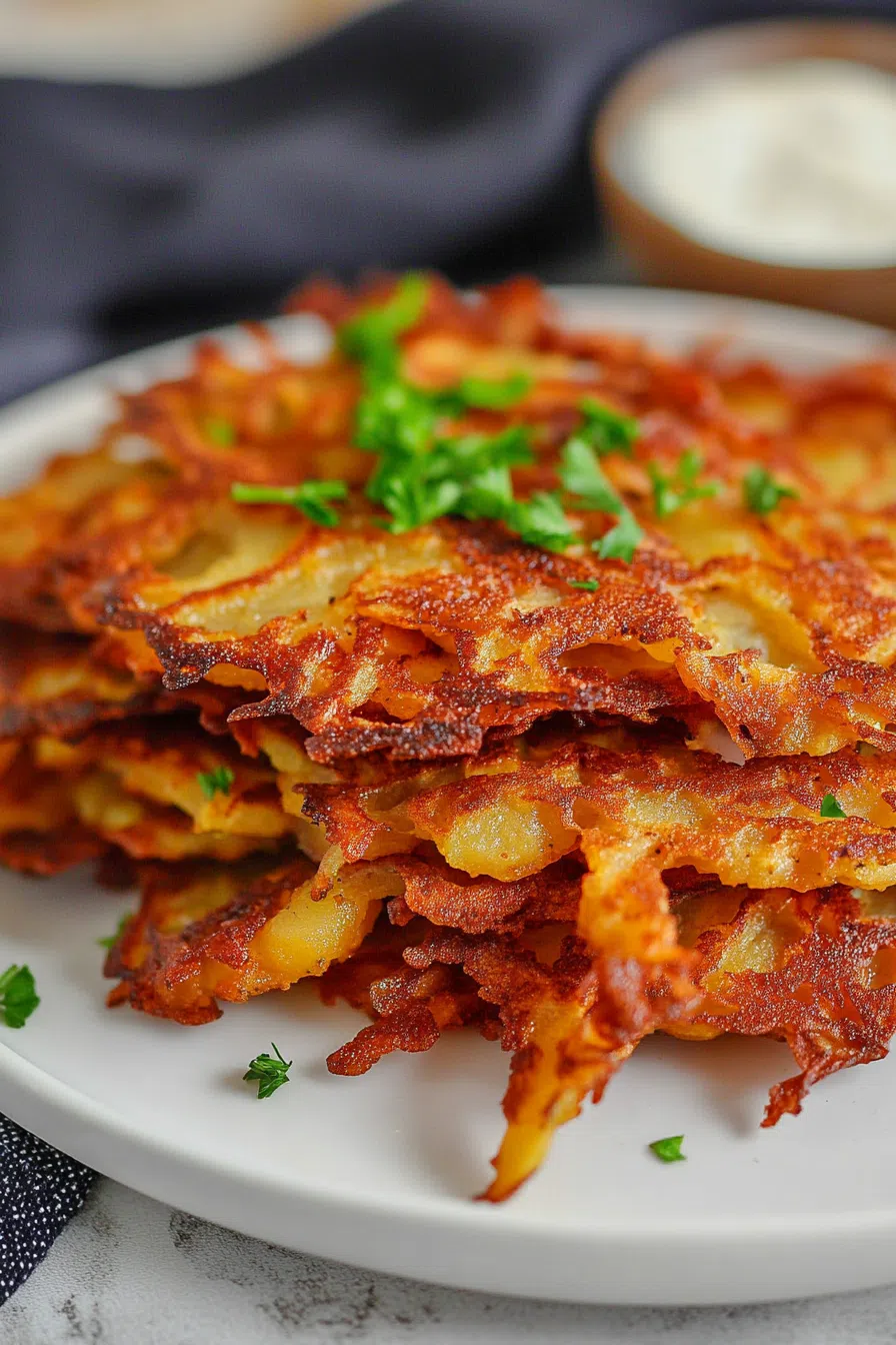 Golden, crispy rounds stacked on a plate with a dollop of applesauce on the side