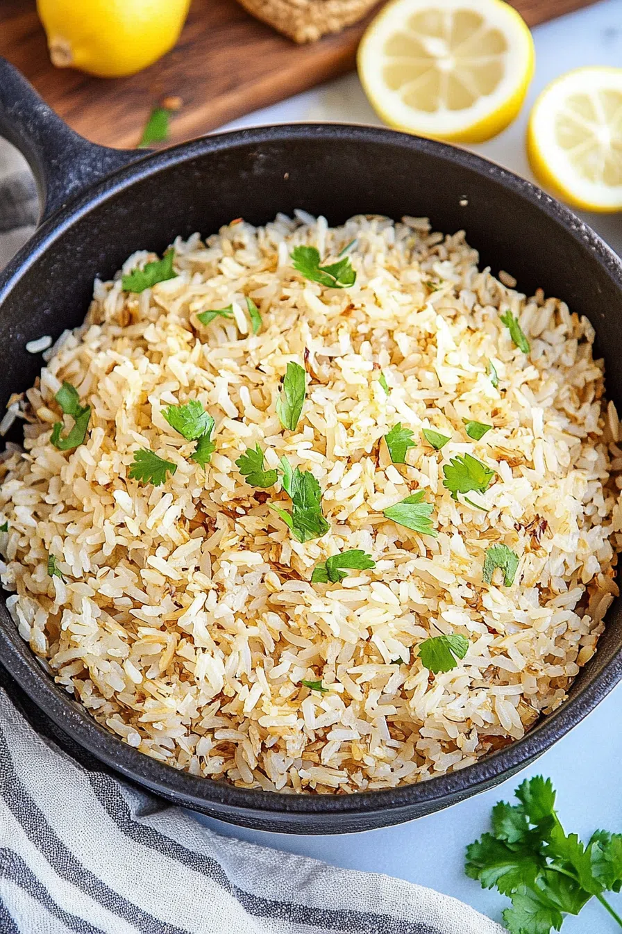 Bowl of lemon-infused rice garnished with parsley and a wedge of lemon.