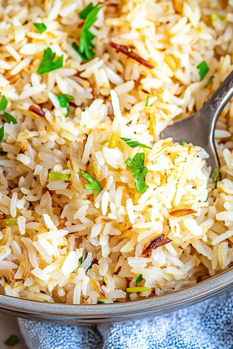 Fluffy white rice mixed with fresh herbs and lemon zest, served in a shallow bowl.