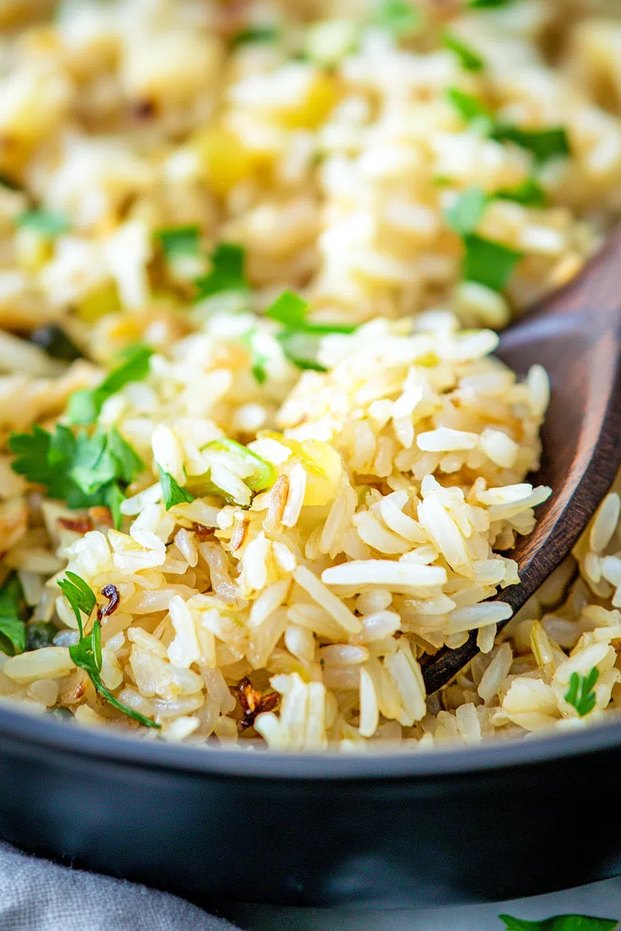 Fluffy, seasoned rice mixed with fresh herbs and diced vegetables.