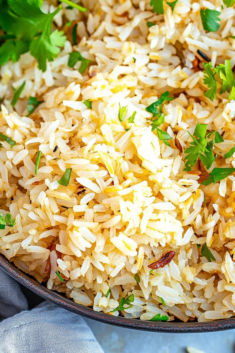 Close-up of a Mediterranean-style rice dish with herbs and crumbled feta.