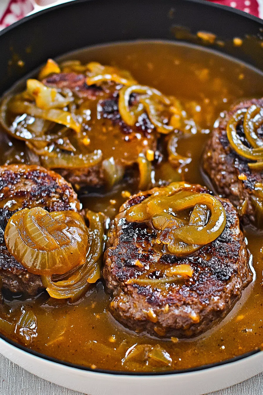 Golden-brown patties smothered in rich gravy.