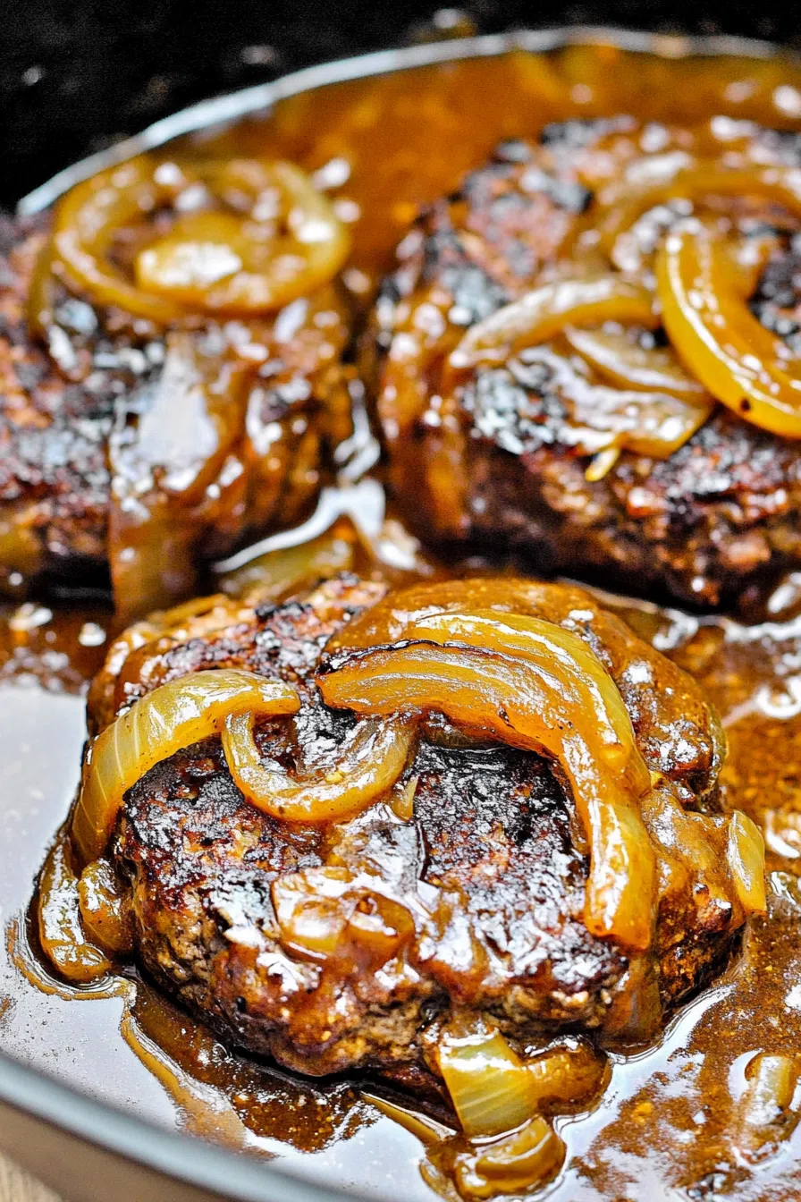 Close-up of caramelized onions layered over pan-seared meat.