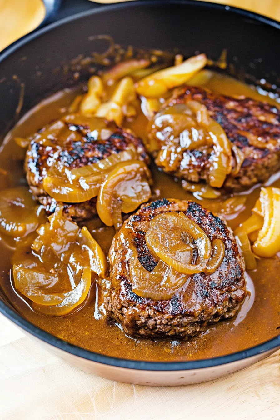 Skillet shot of browned patties simmering in thick, glossy gravy.