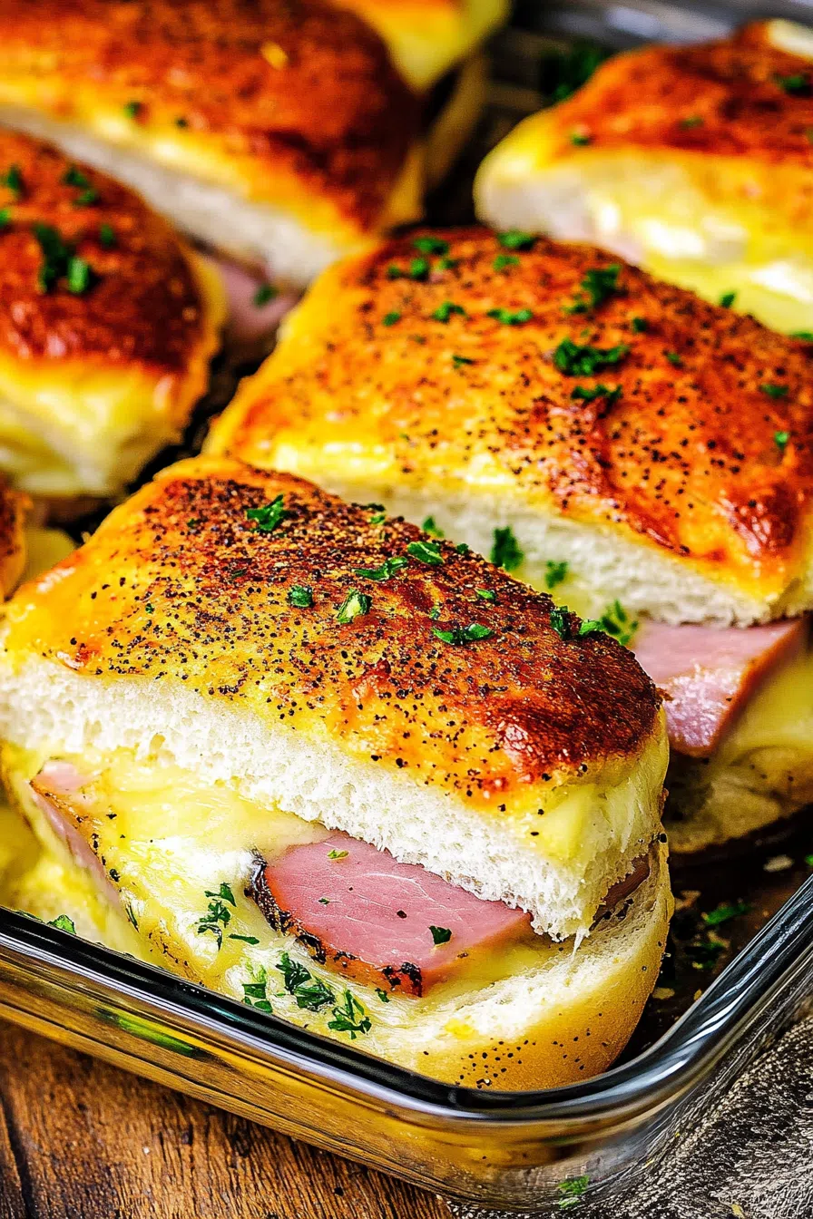 Tray of golden, pull-apart sandwiches with melted cheese oozing between layers.