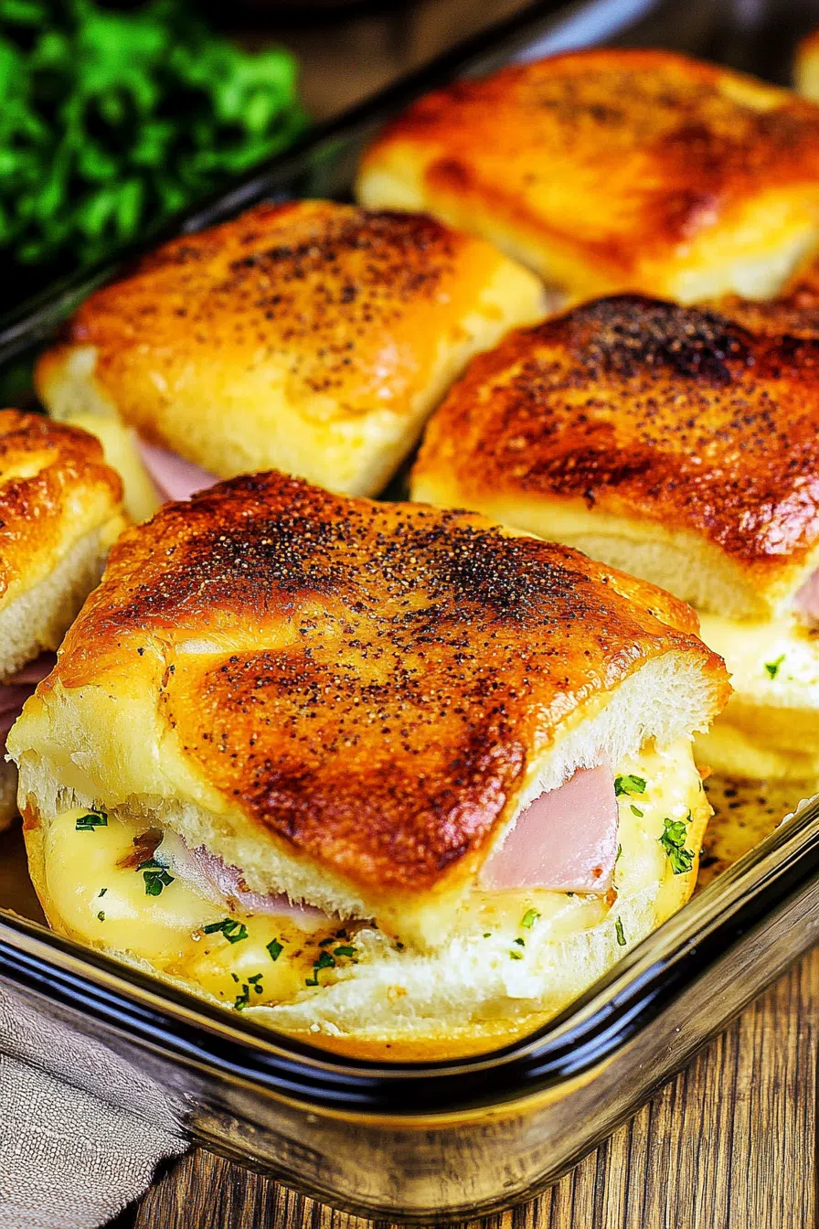 Hawaiian baked ham and Swiss sandwiches arranged in a baking dish, fresh from the oven.