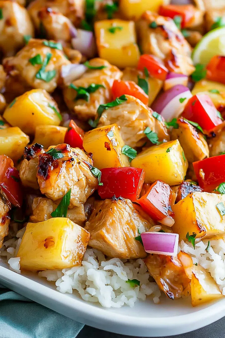 Close-up of glazed meat and veggies with a caramelized finish.